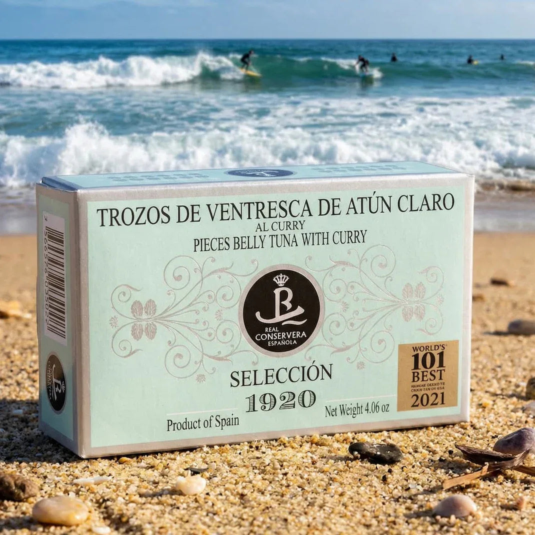 Trozos de Ventresca de Atún Claro en Aceite de Oliva con Curry (Thunfischbauch-Stücke mit Curry) – Selección 1920