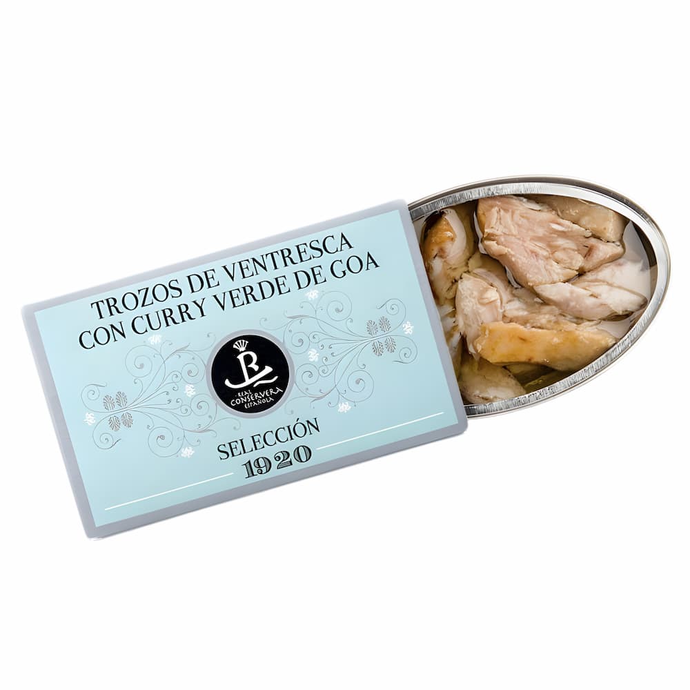 Trozos de Ventresca de Atún Claro en Aceite de Oliva con Curry (Thunfischbauch-Stücke mit Curry) – Selección 1920